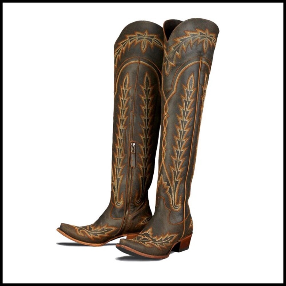 Over the Knee Cowboy Boots Chunky Heel Western Embroidery Side Zipper